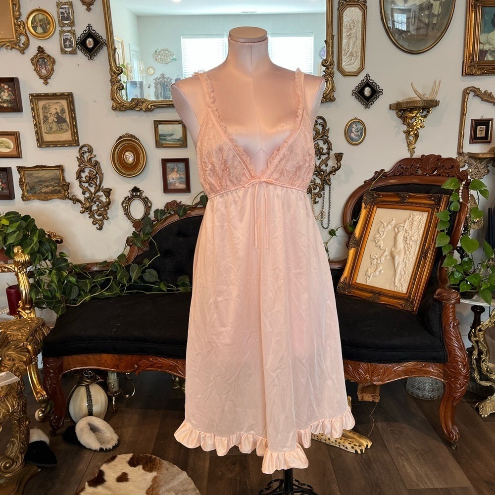 Vintage Pink Nylon Lace Trim Nightgown Slip Dress Lingerie Dana Jane